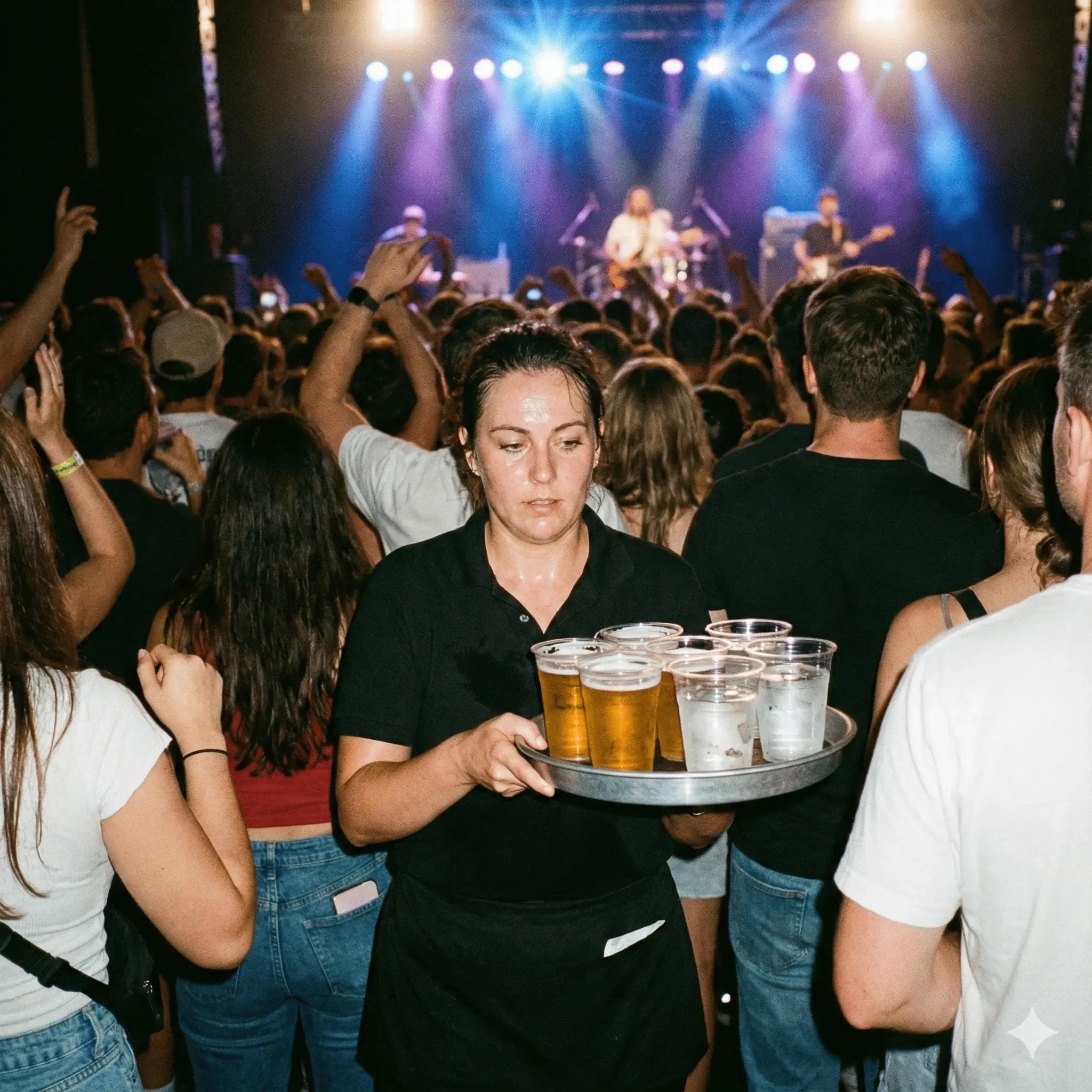 Professioneller Servicemitarbeiter in gebrandeter Kleidung serviert Getränke in einer Arena mit bunten Event-Lichtern