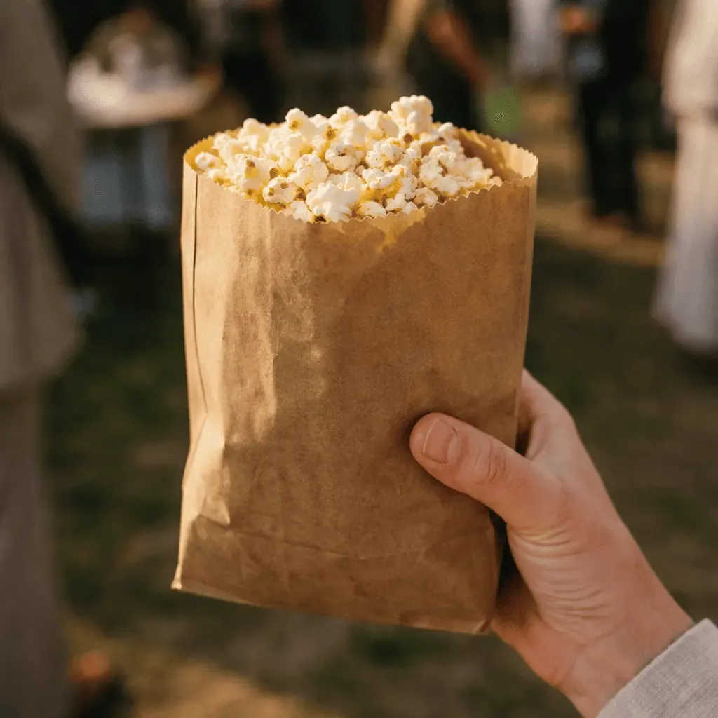 Dampfendes Popcorn das aus einem roten Vintage-Popcorn-Becher überquillt mit warmem Kino-Licht